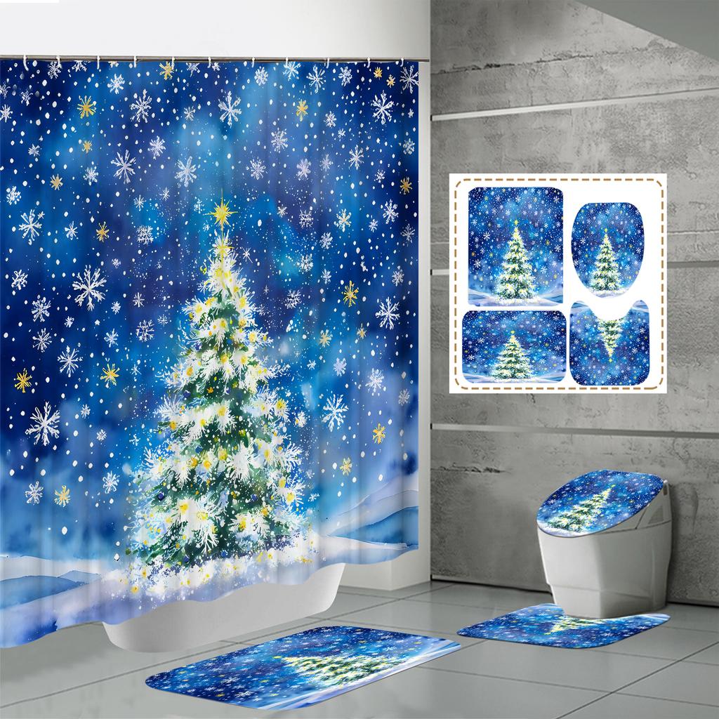 4PCS  Shower Curtain Sets With Shower Curtain And Rugs Toilet Lid Rug U Shape Mat And Bath Mat Bathroom Set  With 12 Hooks