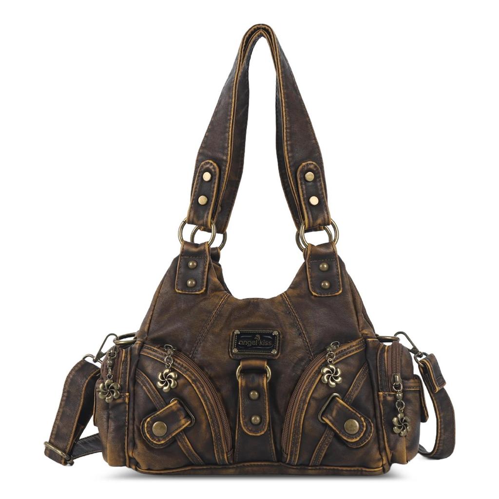 Angel Kiss Stil Retro Abgenutzte Leder Hobo Tasche, Edgy Y2K Umhängetasche Geräumige Schultertasche mit Mehreren Taschen für den Alltag
