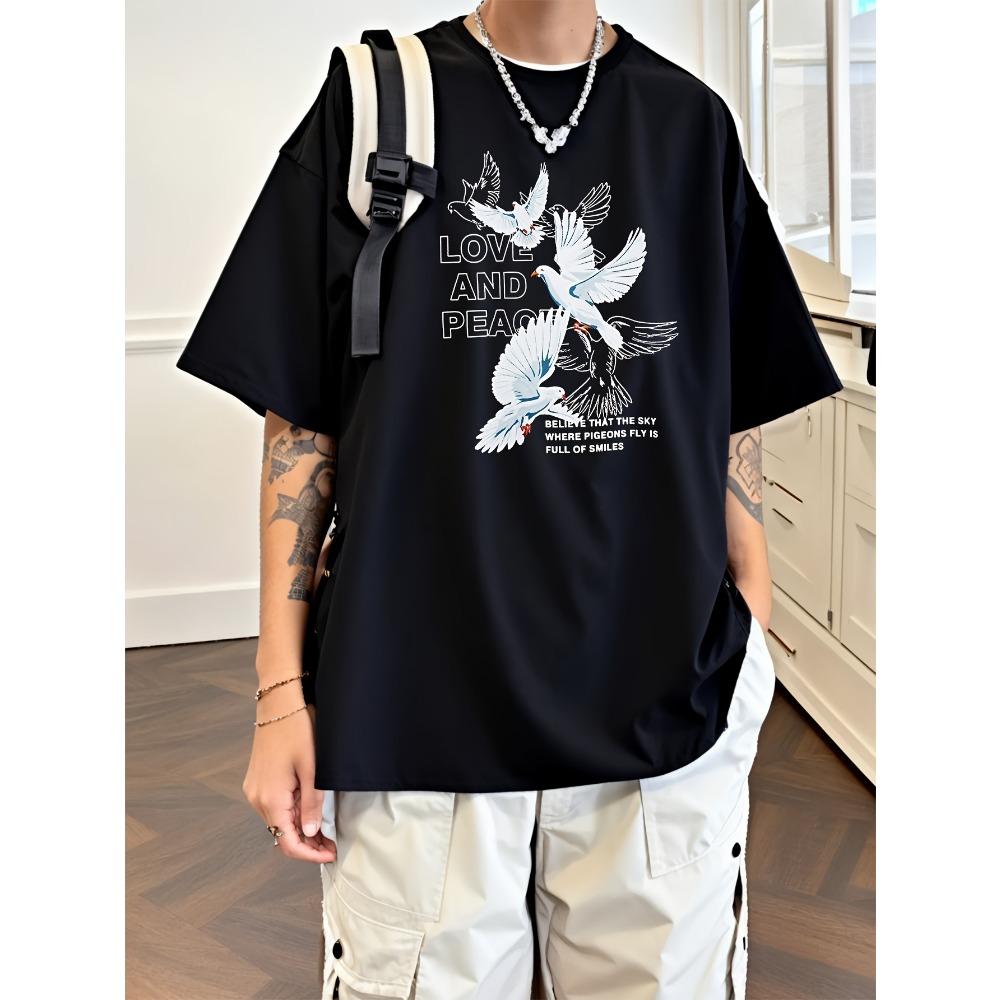 

Men s Peace-loving White Dove English Printed Sports Casual Versatile Short Sleeve T-Shirt 3XL