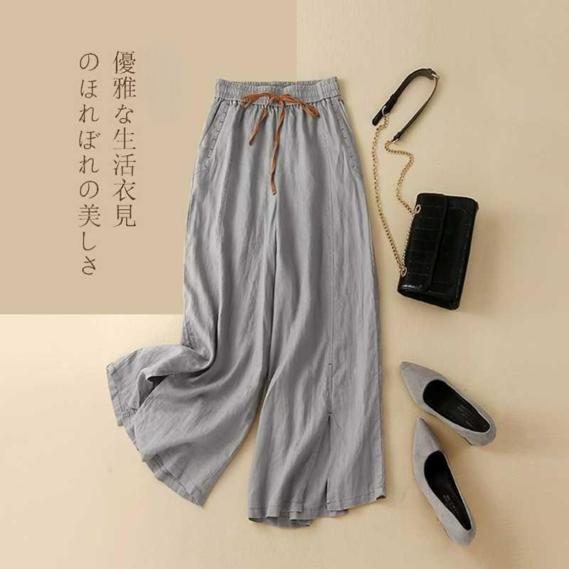 Summer Casual Pants Literary Cotton and Linen Loose Large Skirt Pants Nine-point Pants Linen Wide-leg Pants Women S серый