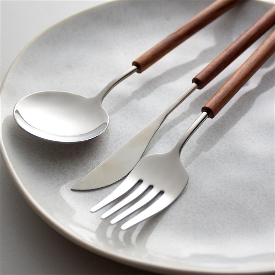 Scandinavian ins pearwood 304 mirror western tableware 304 stainless steel steak knife and fork bento rice spoon three-piece set