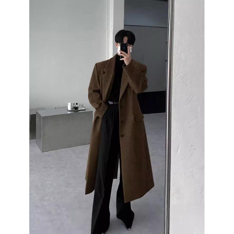 Men's Black Mid-Length Woolen Trench Coat – Autumn/Winter Loose Fit, Thickened Korean Style.