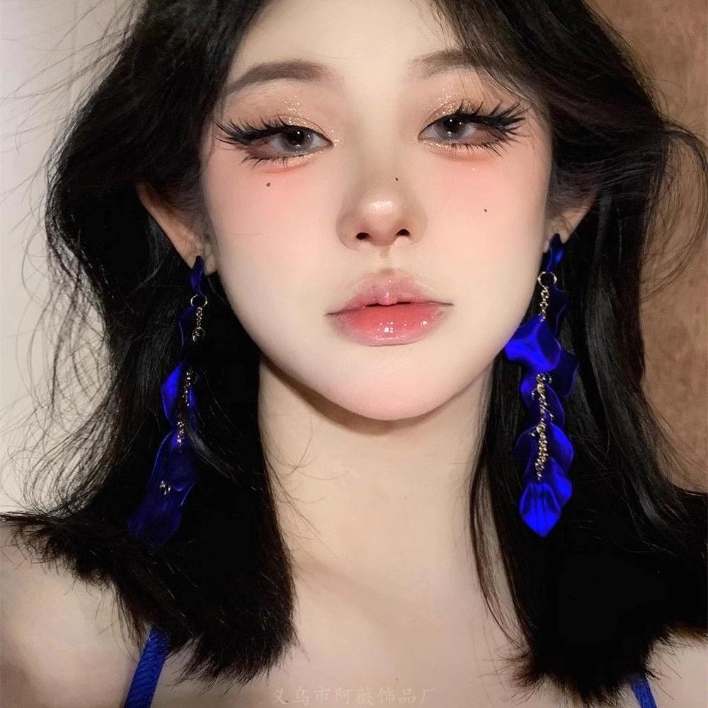 Rose petal earrings exaggerated fashion long fringed earrings women's high-end temperament versatile earrings