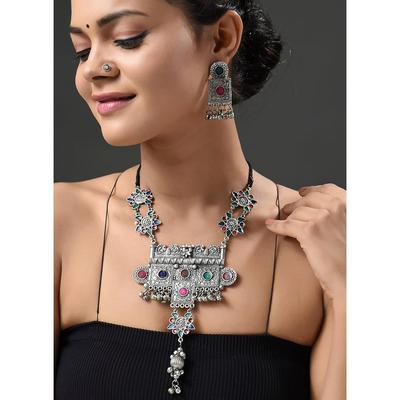 India Silver Oxidised Tribal Tibetan Afghani Bohemian Choker Necklace with Drops with Enamel Minakari for Women and Girls