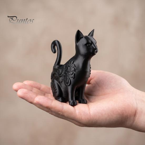 Small Succulents Planter Cat 3D Printed Black Figurines, Multi-purpose Incense Holder Mini Flower Functional Art Decoration Pot, Desktop Storage