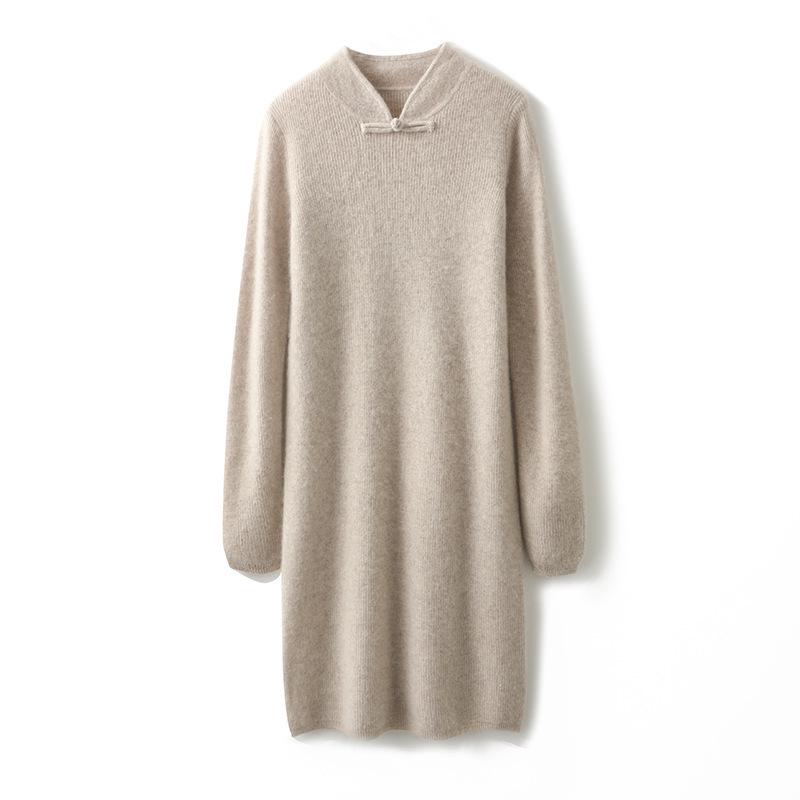 Women's Mid-Length 100% Wool Sweater Dress, Over-the-Knee, Qipao Stand Collar, Winter Slimming Fitted Knit Dress