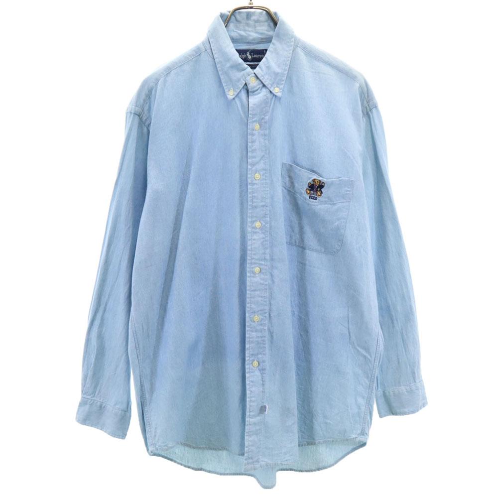 

RALPH LAUREN 90s Old Polo Bear Long sleeve Chambray shirt L blue Men s Used