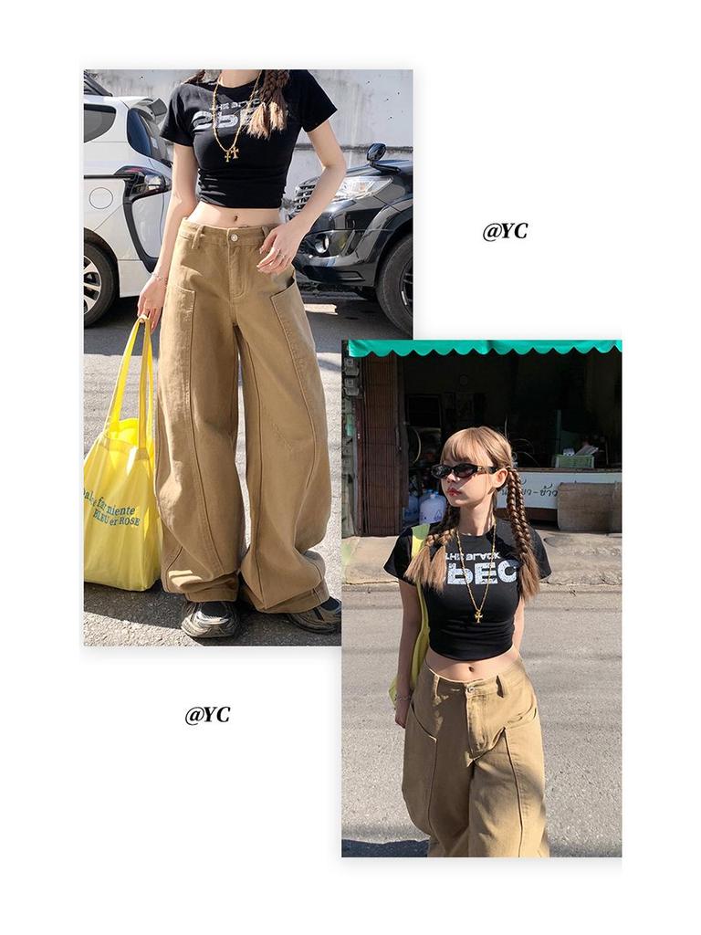 Damen American Khaki Weitbeinjeans mit hoher Taille - 2025 Frühling & Sommer Schlankmachende lockere Passform