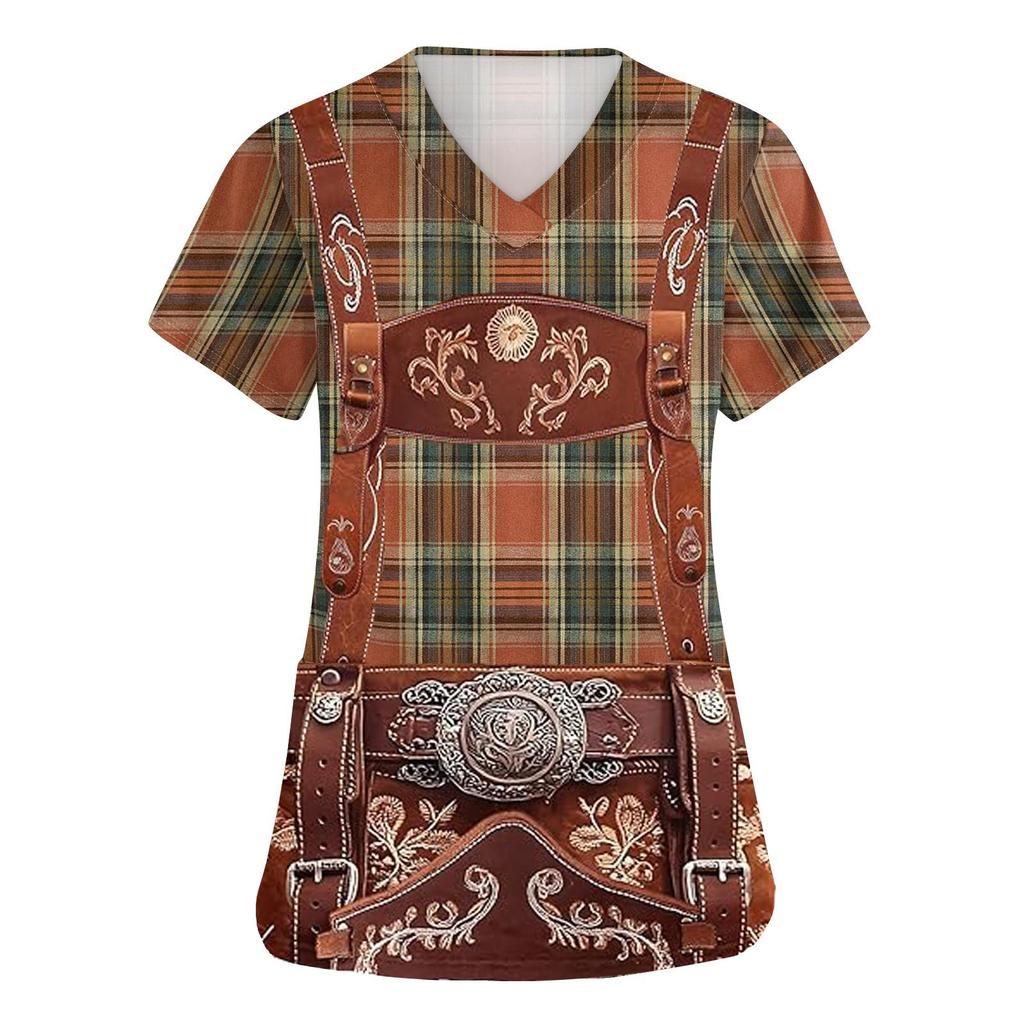 Women V Neck Short Sleeve Work Shirt with Pockets Oktoberfest Print Top Nursing Uniform Medical Scrub Tee with Front Pocket Design