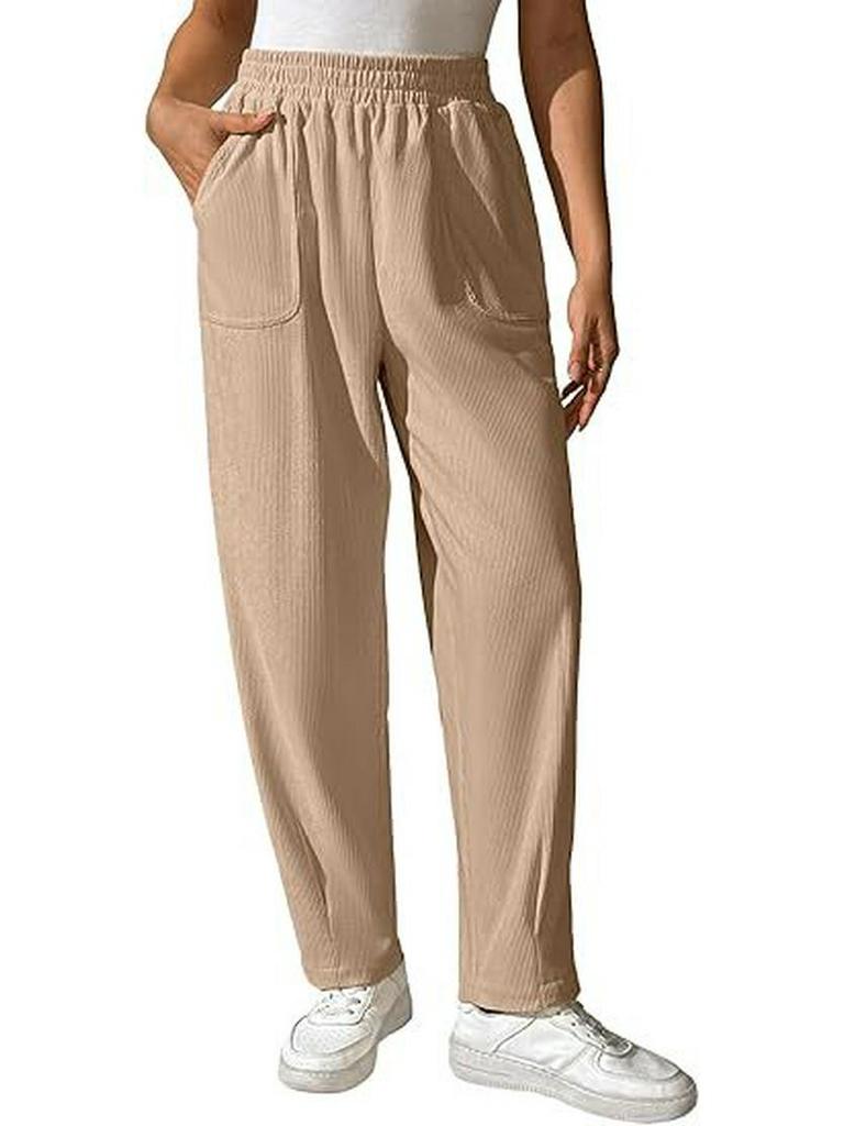 Women's Elastic High-Waist Corduroy Pleated Wide-Leg Pants with Pockets - Casual, Comfortable, Loose Fit for Autumn
