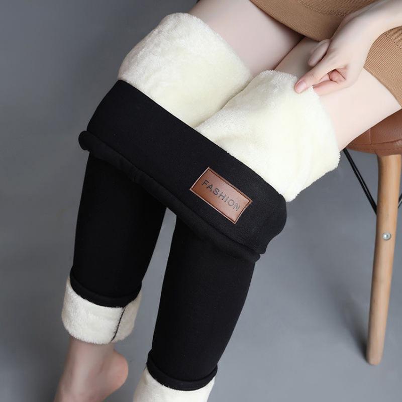 Winter-Damen-Leggings, mit Wolle gefüttert, Samt, Thermohose, hohe Taille, einfarbig, bequem, warm, dehnbar