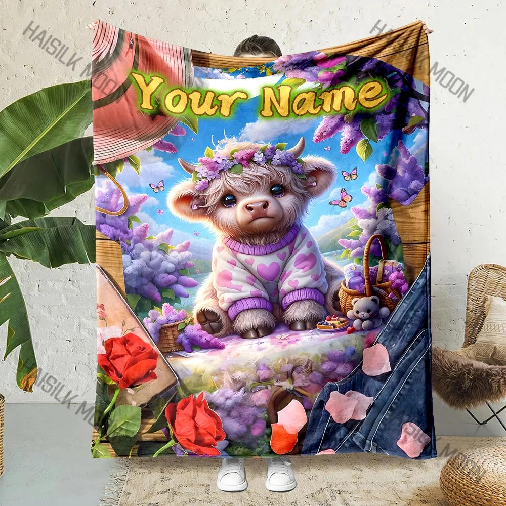 1PC Personalized Custom Names Highland Cattle and Flowers Print Blanket for Home Sofa, Outdoor Travel Camping Beach Blanket