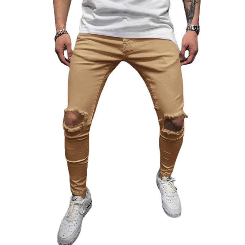 Herren Europäischer & Amerikanischer Stil Skinny Fit Lässige Einfarbige Zerrissene Mid-Waist Hose