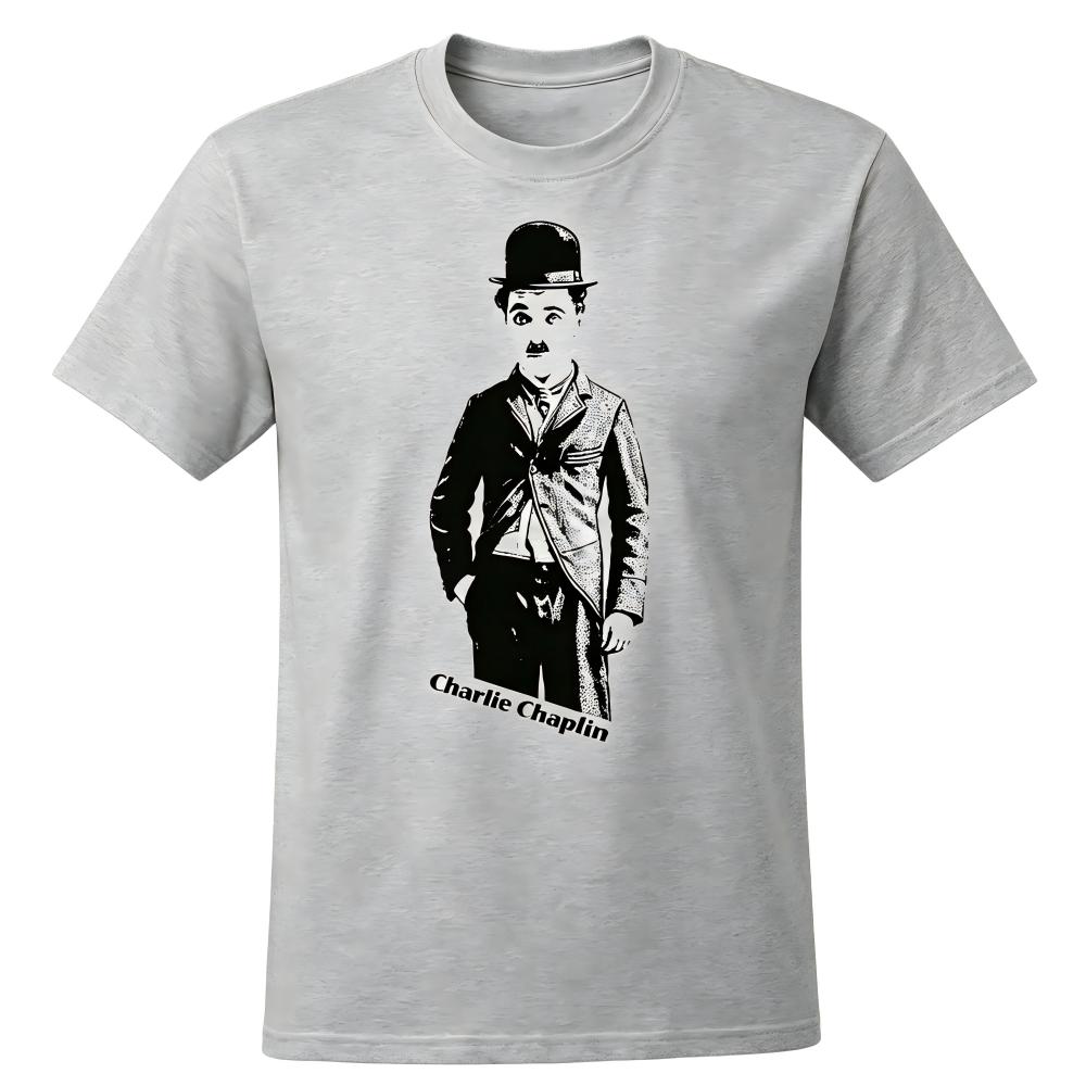 T-shirt Grigia con Ritratto Retrò di Charlie Chaplin
