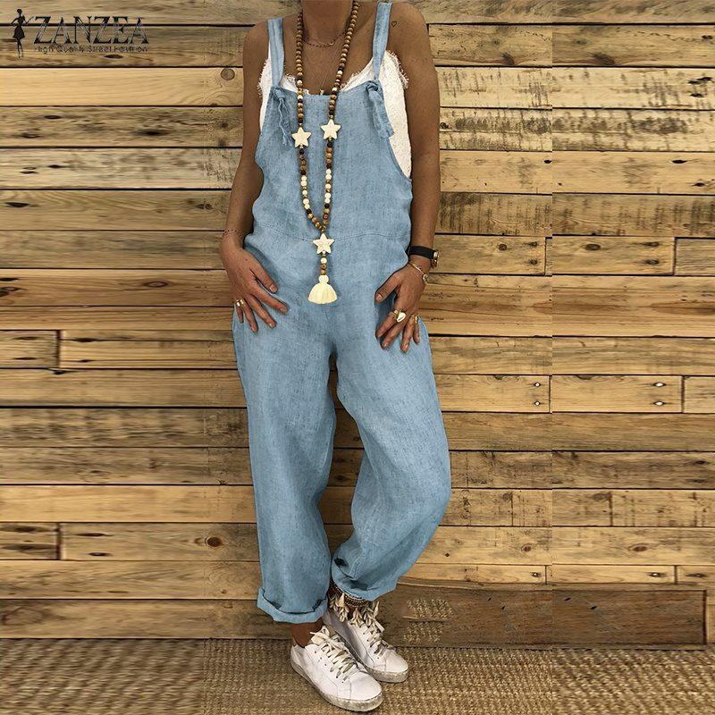 Women's Sleeveless Bow Detail Linen Blend Loose Fit Casual Ankle Length Overall Jumpsuit