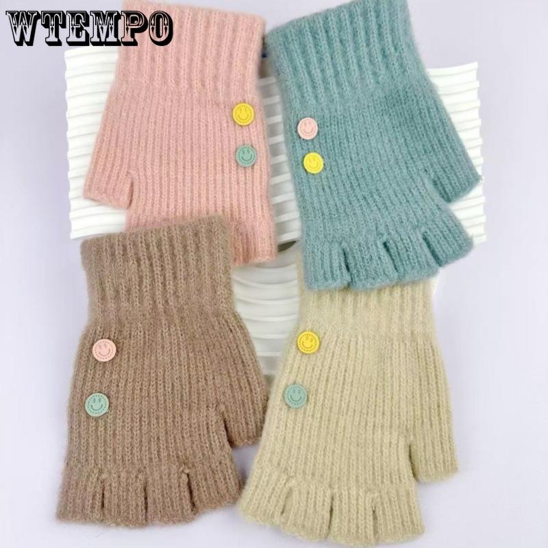 Female Half Finger Gloves Korean Versatile Student Writing Autumn/Winter Knitted Gloves Cycling Warmth