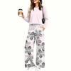 Women's Pajama Set with Pockets, Round Neck Long Sleeve Loose Fit Printed Casual Loungewear for Sleeping At Home