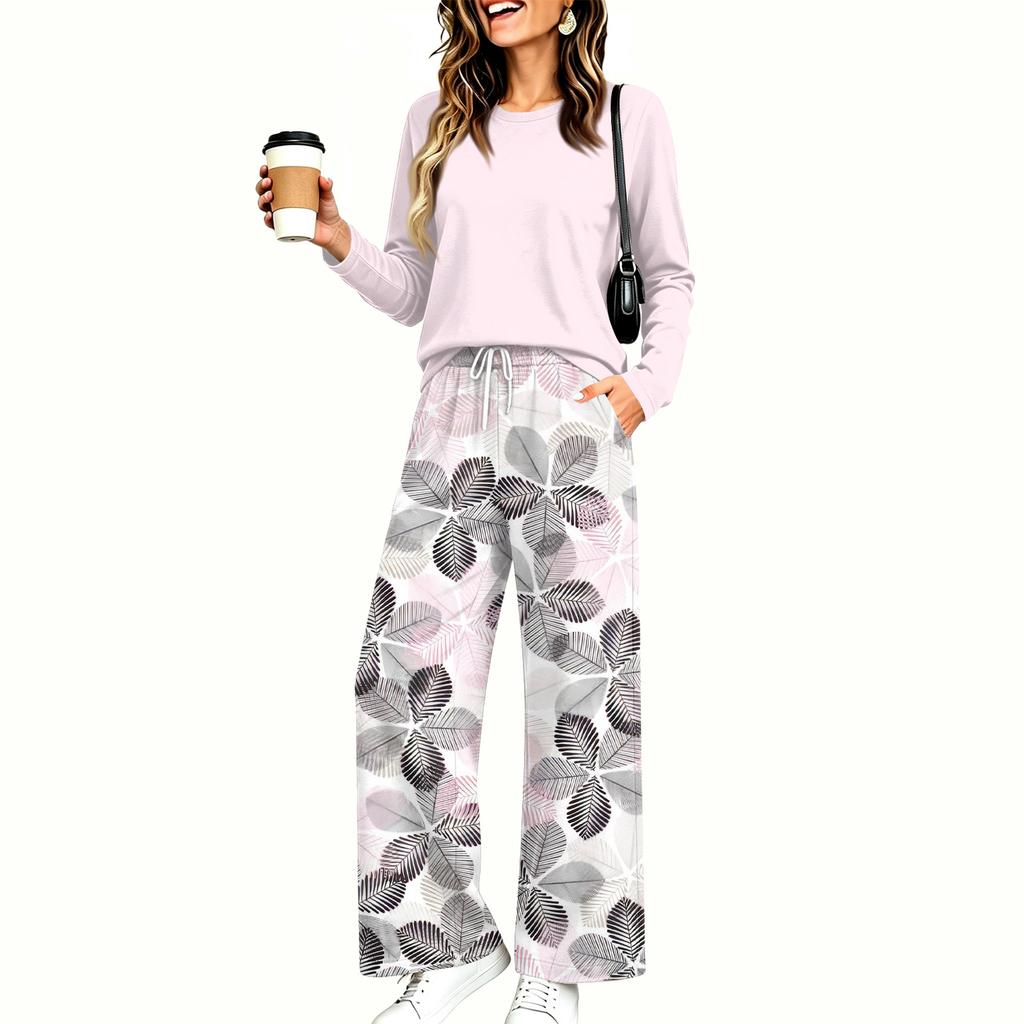 Women's Pajama Set with Pockets, Round Neck Long Sleeve Loose Fit Printed Casual Loungewear for Sleeping At Home