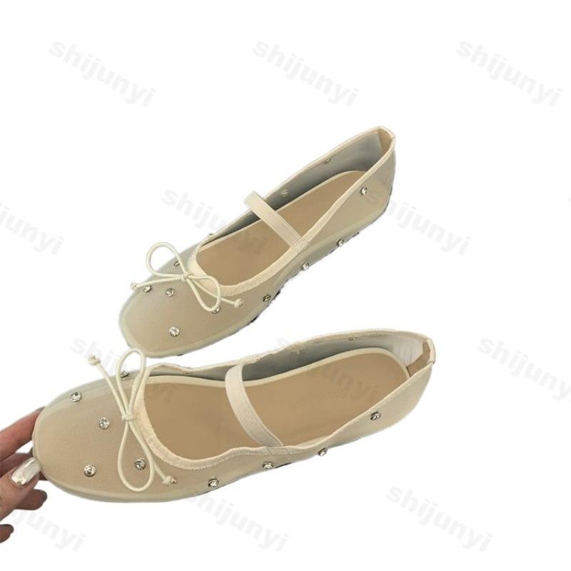 Fashion Women Ballet Flats Shoes Summer Hollow Non Slip Fashion 2025 Rhinestone Women Shoes Mesh Breathable Mary Jane Sandals Rhinestone