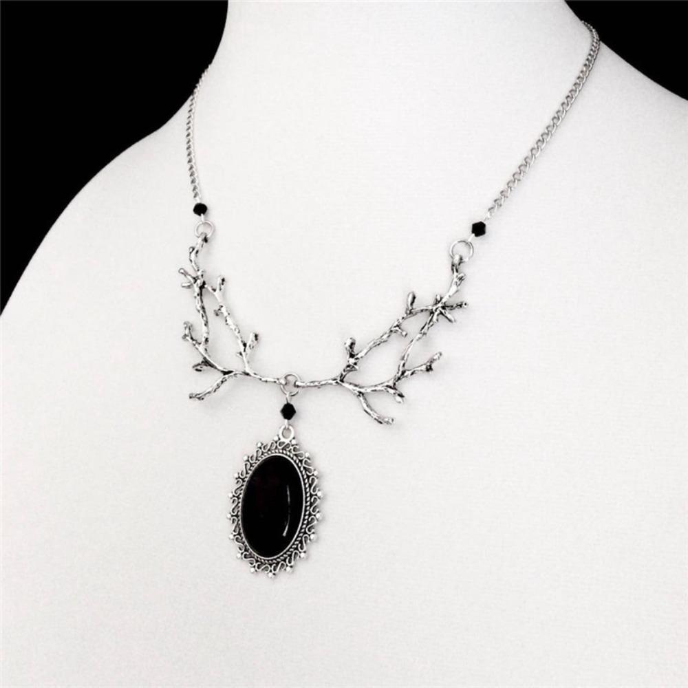 Fashion Gothic Silver Color Tree Branch Oval Lacework Black Imitation Gemstone Pendant Necklace for Women Men Halloween Jewelry