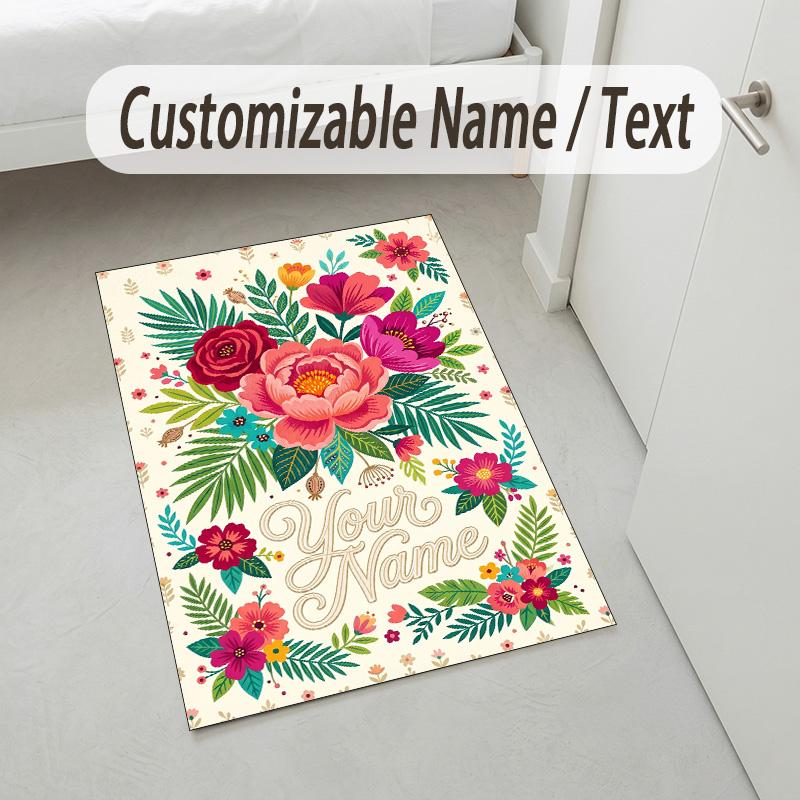 Floral Art Theme Soft Crystal Velvet Rug Custom Name & Text Print Non Slip Floor Rug for Bedroom Living Room