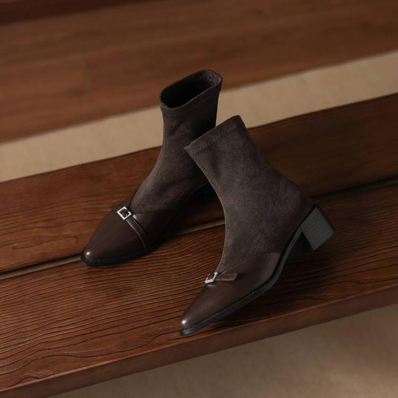 Autumn and Winter Elastic Suede Martin Boots Sleeve Solid Color Large Size Women's Boots New Middle Heel Pointed Soft Sole Medium Boots