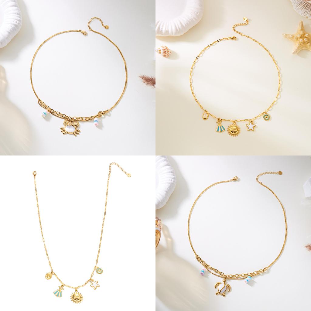 Summer Beach Vacation Jewelry Multilayer Stainless Steel Crab Shell Turtle Pendant Necklace For Women