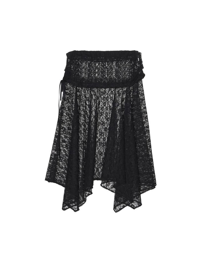 Nigaennikol Lace Shirring Flare Midi Skirt_Black