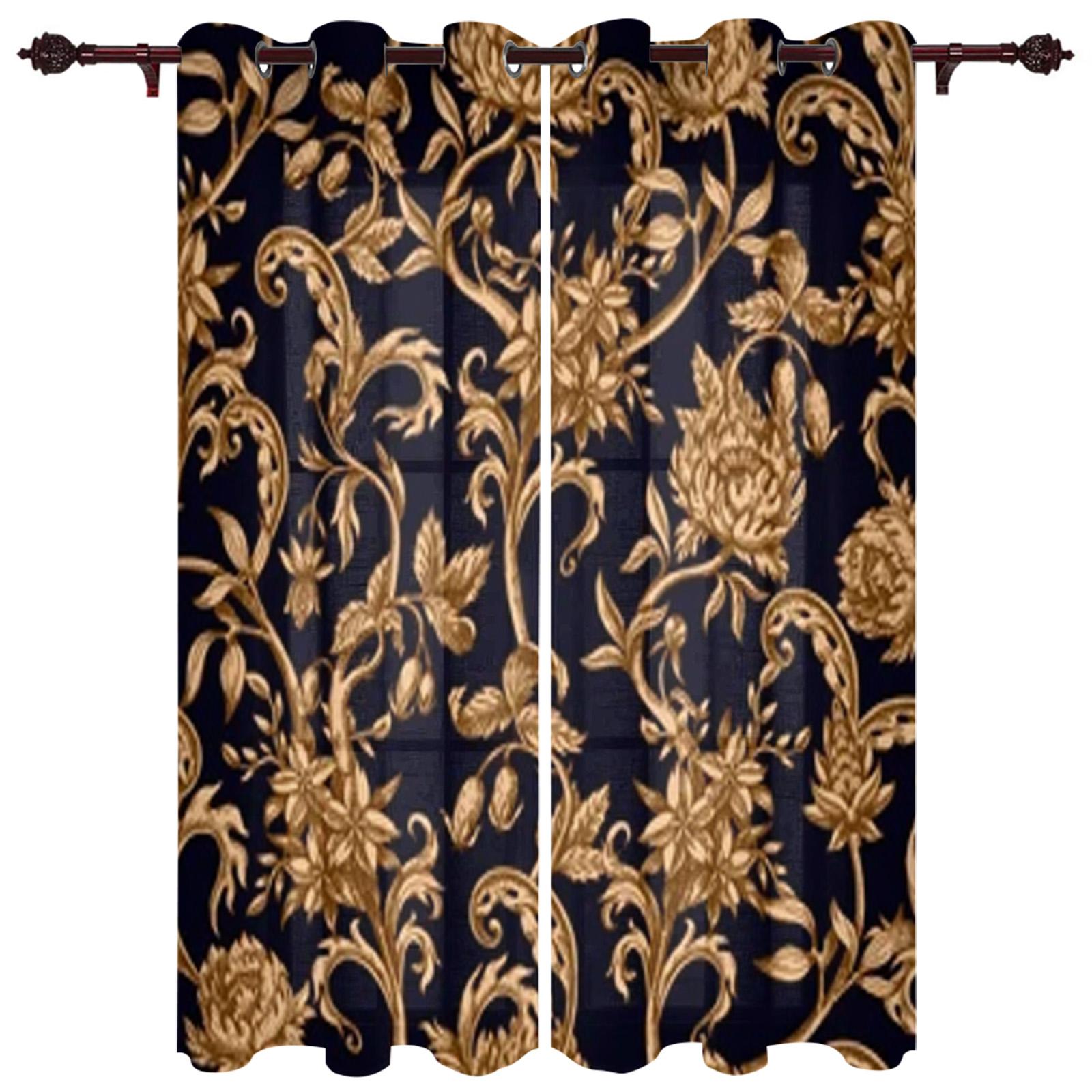 

Бароко, золоті квіти, листя, чудові віконні штори, мальовничі штори для вітальні, декоративні елементи, вітальня 90W x 100H(cm) x2