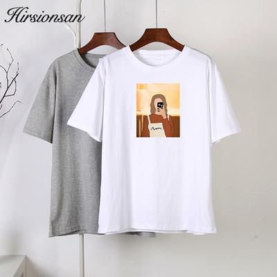Hirsionsan Korean Graphic T Shirts Women Summer Casual Loose O Neck Short Sleeve Tees Female Vintage Printed 100% Cotton Tops