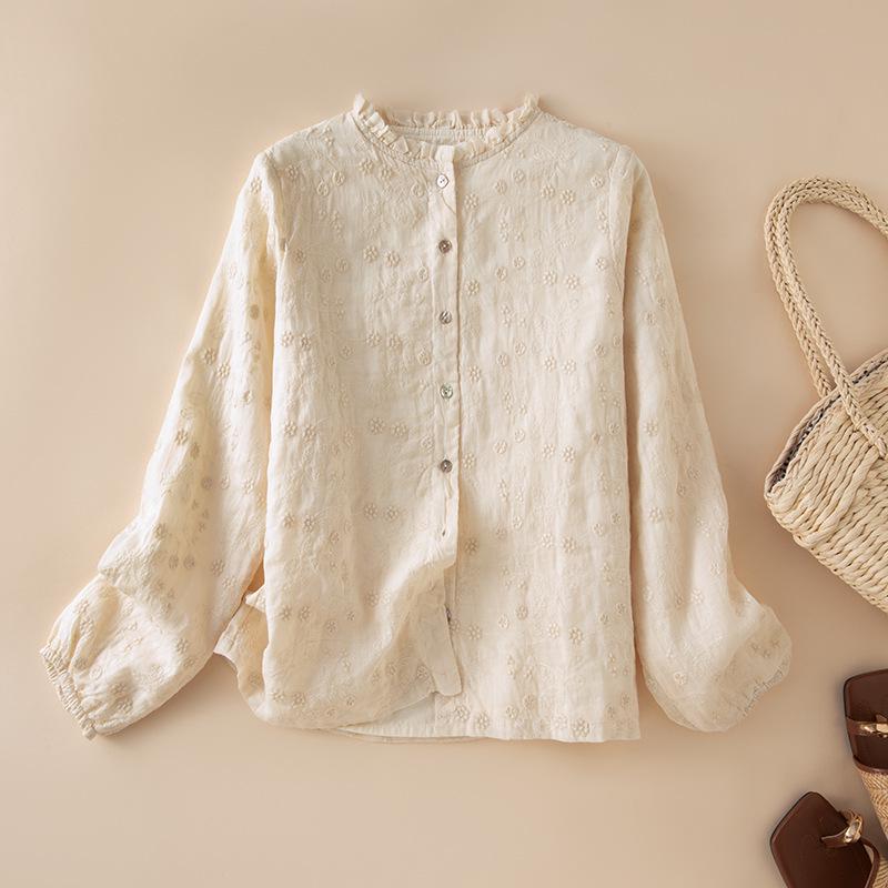 2026 Early Spring Women s Embroidered Ramie Shirt: Artistic Retro Style Top XXL