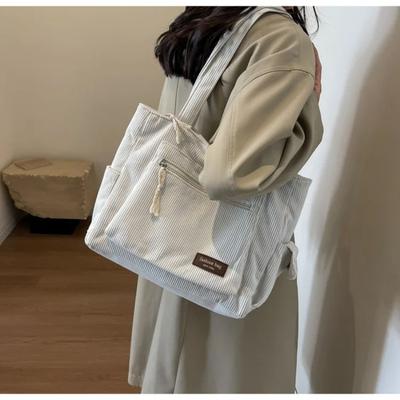 Simple Corduroy Tote Bag Solid Color Shoulder Bag Student Retro Multi Pockets Large Capacity Handbag For School Work Shopping