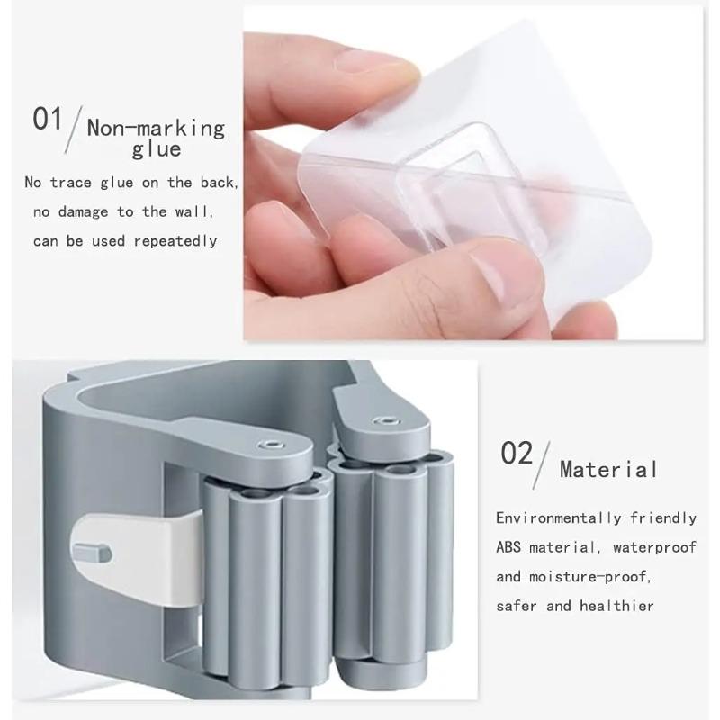 4Pcs Self Adhesive Mop Holder Broom Holder Wall Mounted White Mop and Broom Holder No Drill Wall Mounted Organizer Clip Wall Mou