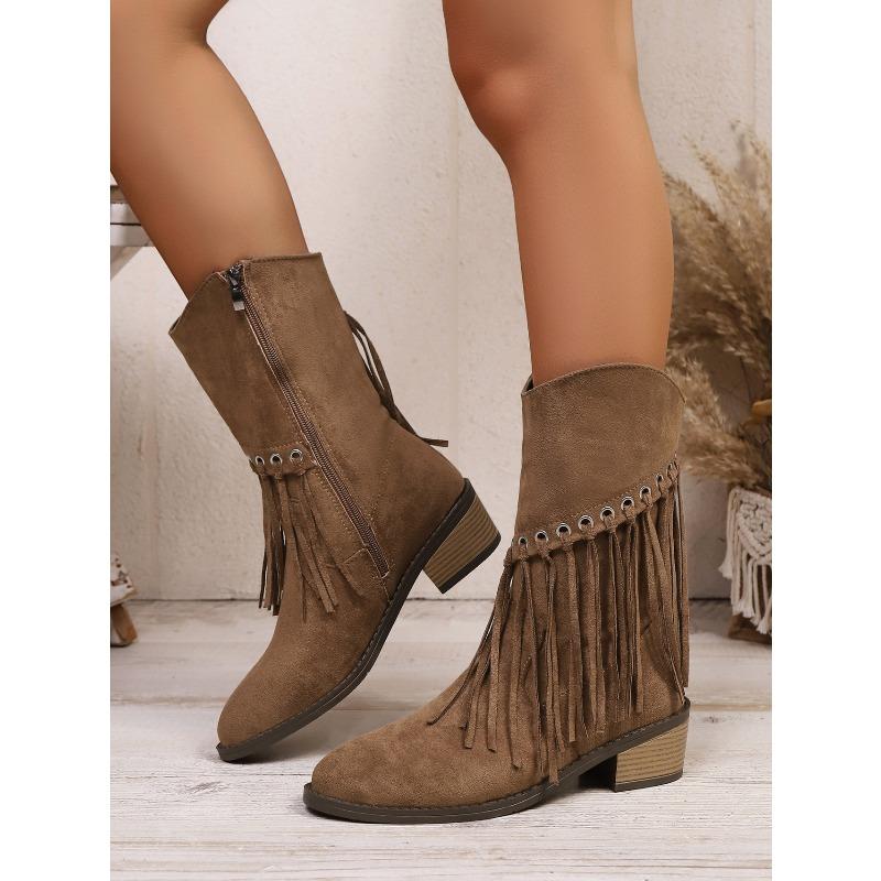 Plus Size Fringe Boots Women's Winter 2025 New Vintage Side Zipper Western Cowboy Boots