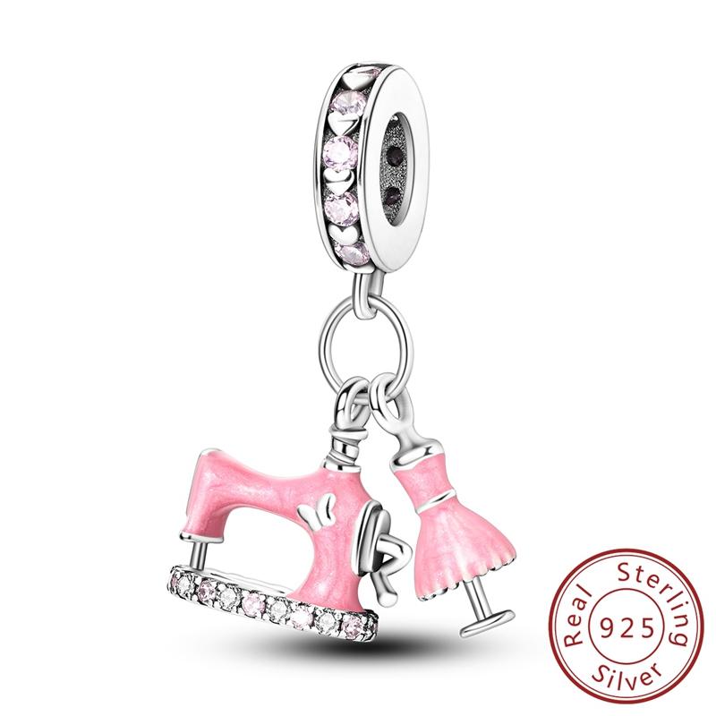 

Charms Original Copper Pink Sewing Machine Dress Pendant Beads Fit Bracelet Women Jewelry Diy Fine Gift Accessory
