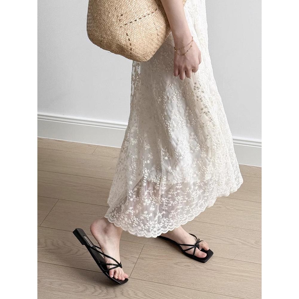 Lace Sling Dress Women Summer Embroidered Sweet Simple Basic Party Elegant Female Sleeveless Long Dress