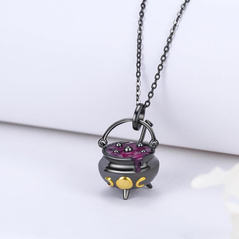 Retro Festival Witch Cauldron Pendant Necklace Black Gold Color Enamel Potion Necklace Gothic Halloween Jewelry Gift Women Men 50cm
