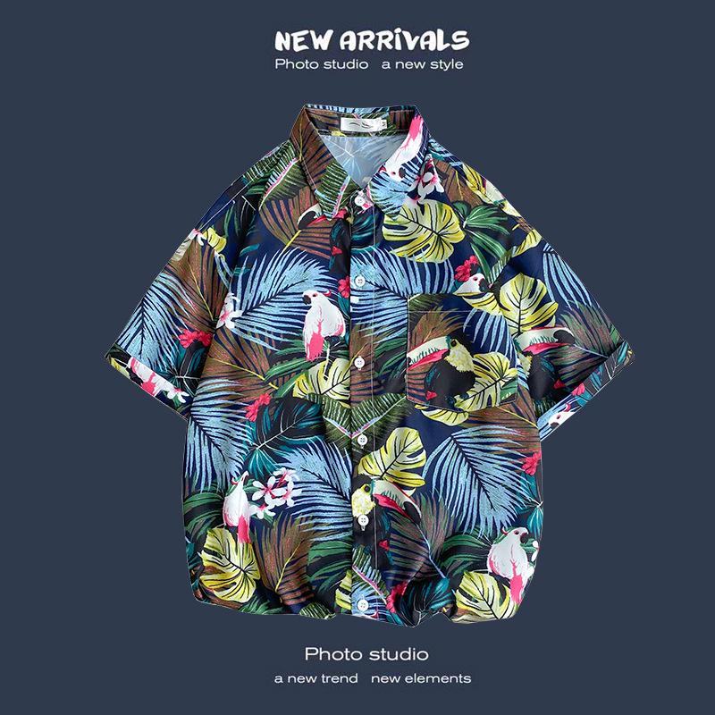 Letnia Koreańska Retro Kwiatowa Para Luźna Koszula z Krótkim Rękawem - Męski Modny Styl