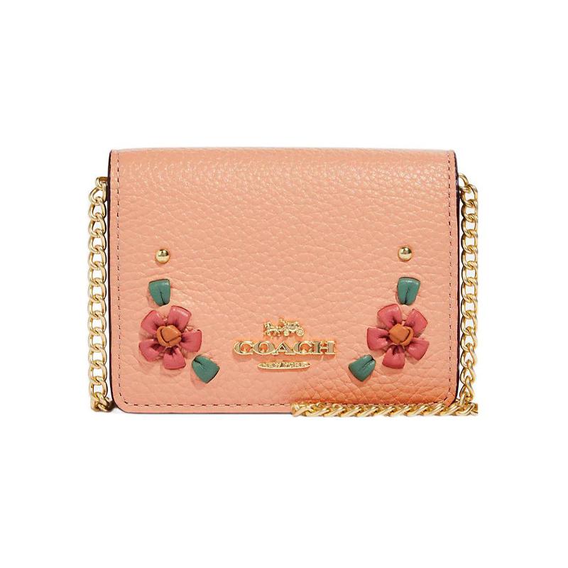 

COACH Wallet 10 Flower Embroidery Print Leather Shoulder Crossbody Chain Clutch Wallet Mini Women Pink рожевий