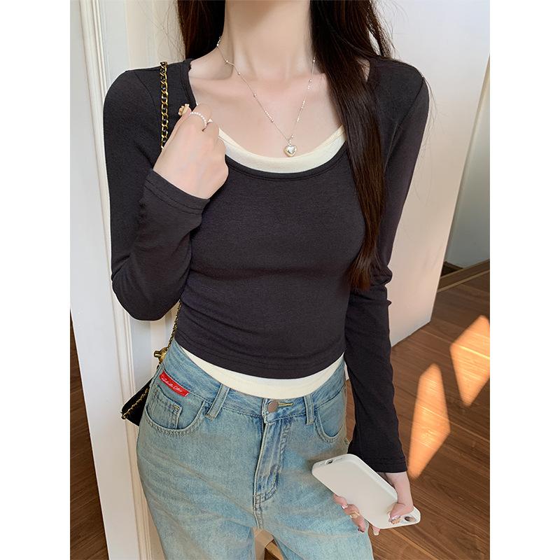 

Розовая футболка с U-образным вырезом, в стиле чистой похоти, с имитацией двух частей, с длинным рукавом, для женщин, на осень и зиму, с нерегулярным сочетанием цветов, облегающий внутренний топ XL