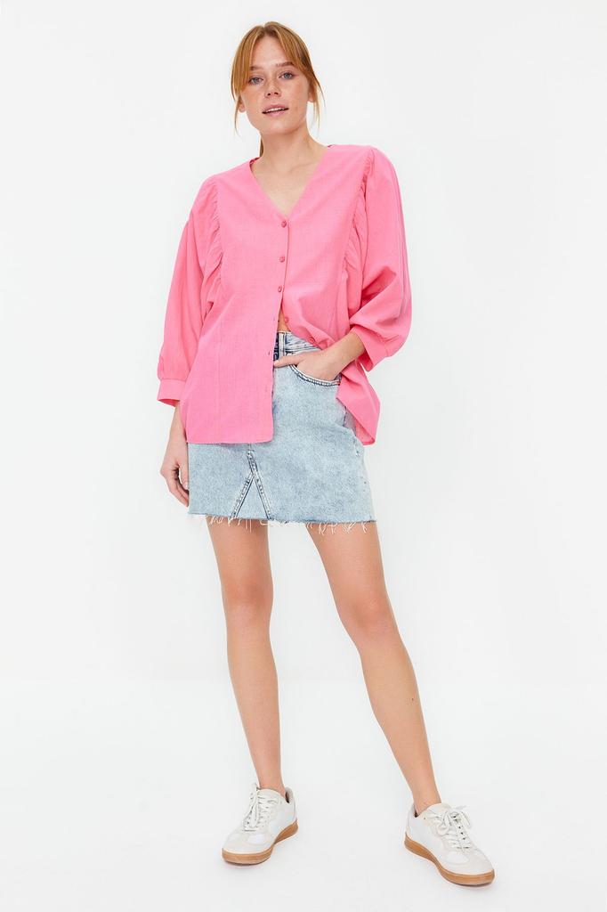Women's Style Shirt Green Bat Sleeve Regular Normal Fit Woven Shirt