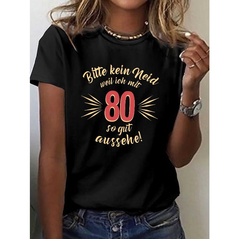 Women s Number 80 Print Short Sleeve Crew Neck Summer Casual Tee S чёрный