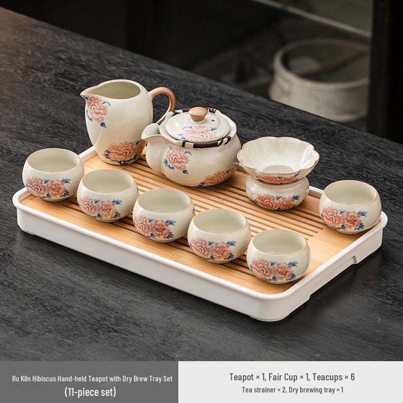 High-grade Beige Ru Kiln Hibiscus Ceramic Tea Set – Includes Teapot, Teacups, and Teaplate for Kung Fu Tea Ceremony, Suitable for Home and Office.
