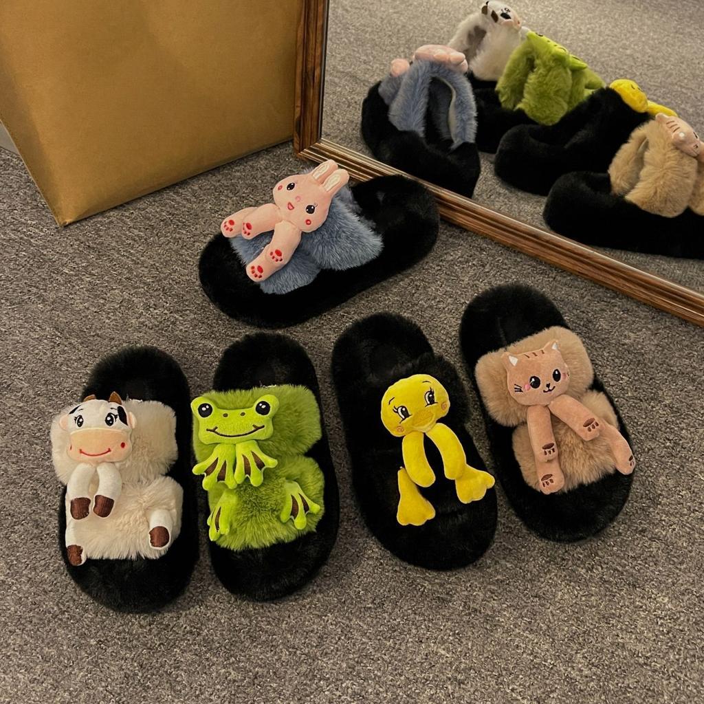 Fashion Versatile Fluffy Slippers Women's 2025 Autumn and Winter New Cute Thick-bottomed Warm One-word Cotton Slippers Women's Outer Wear