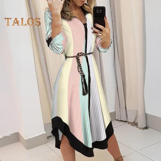 Damen-Midikleid mit Knopfleiste und V-Ausschnitt, langärmliges Kleid mit Schnürung und Aufdruck, lässiges Sommeroutfit für den Alltag, Urlaub, Club, Cocktailparty