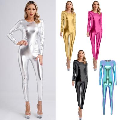 Dámský metalický lesklý unitard taneční oděv s dlouhým rukávem, slim fit, kombinéza na celé tělo, gymnastická kombinéza, klubové oblečení, festivalové kostýmy