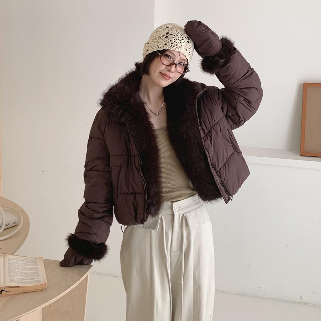 British style new thickened large fur collar warm cotton clothes women's fashion gloves short cotton-padded coat