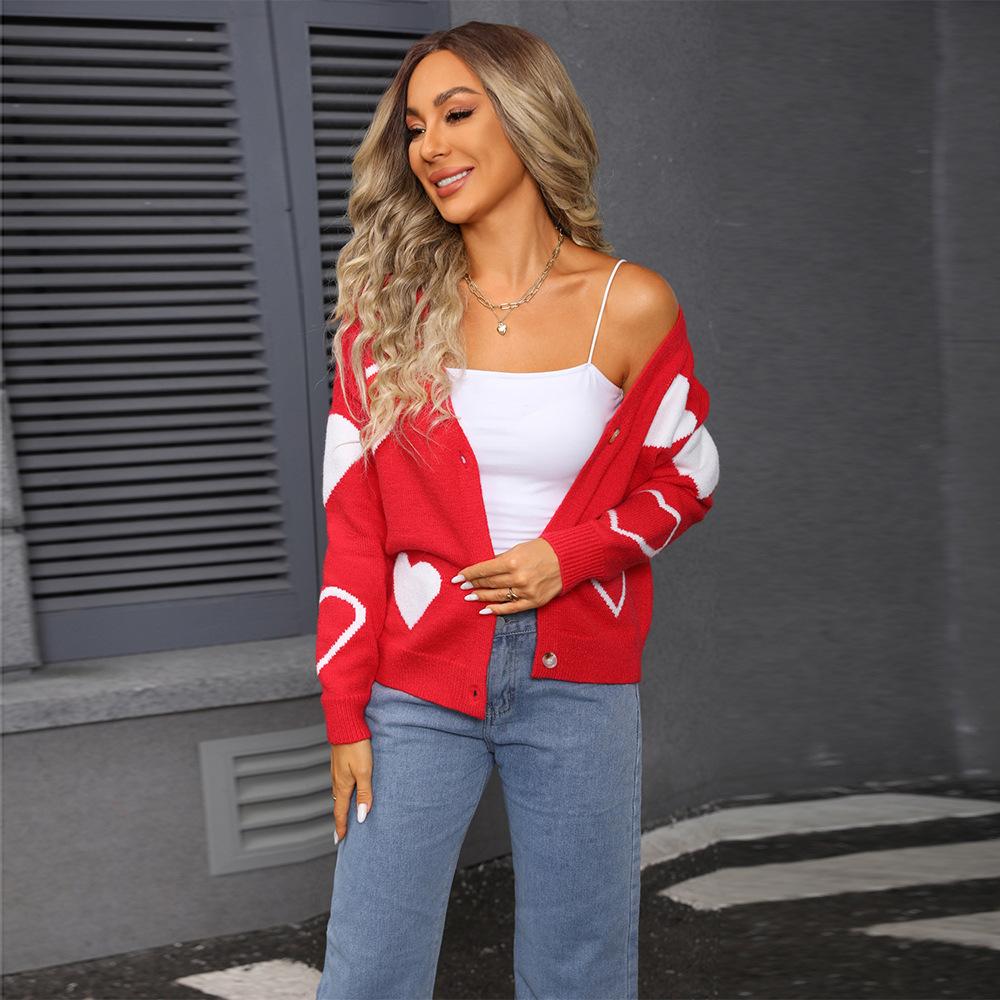 Valentinstagspullover, Gestricktes Herz, Damen-Cardigan mit Knöpfen in Übergröße