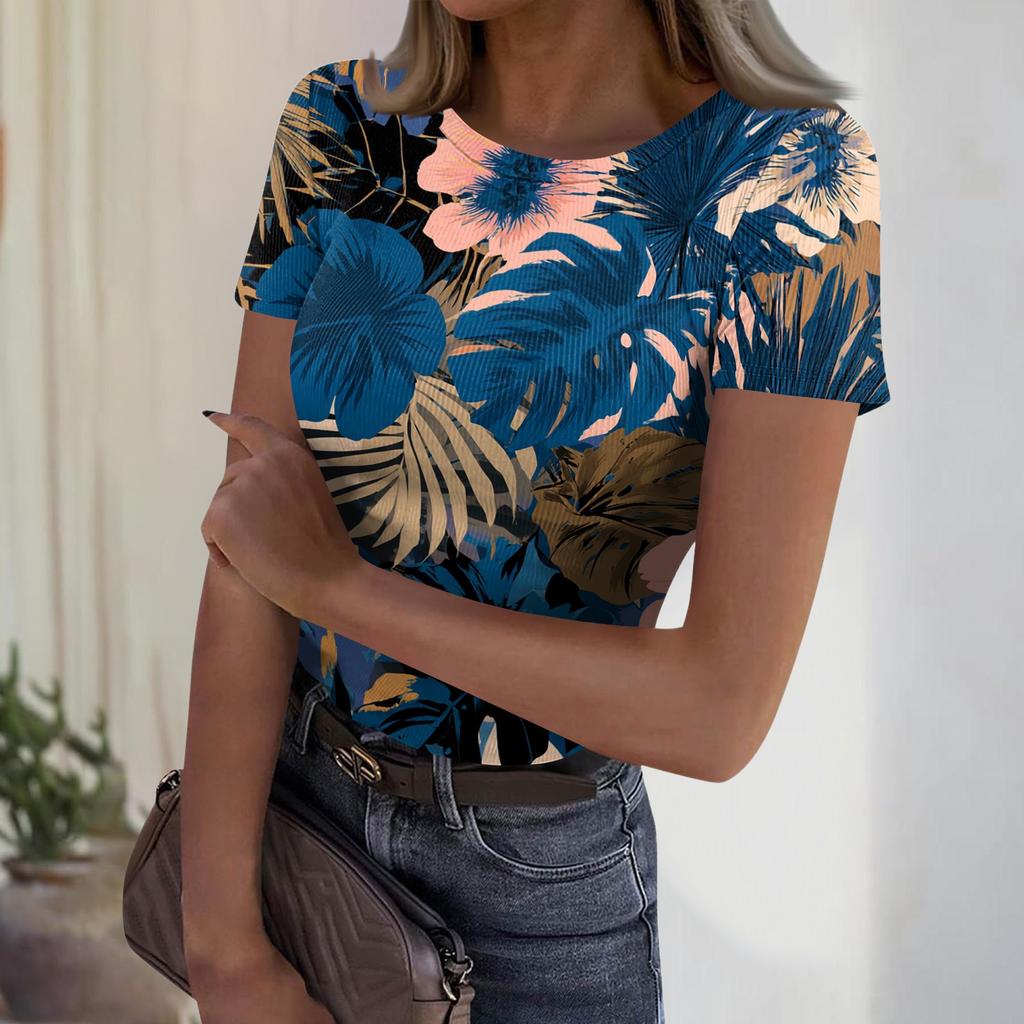 Women's Casual Fashion Round Neck Hawaiian Print Short Sleeve Ribbed Top