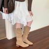 2025 Autumn/Winter V-Mouth Chunky Heel Ruched Knee-High Western Cowboy Boots
